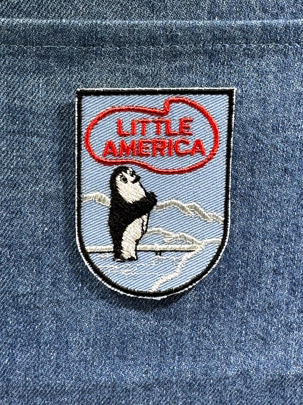 Little America Collectable Patch: Sew-On Blue/Red Penguin - Travel Souvenir Accessory