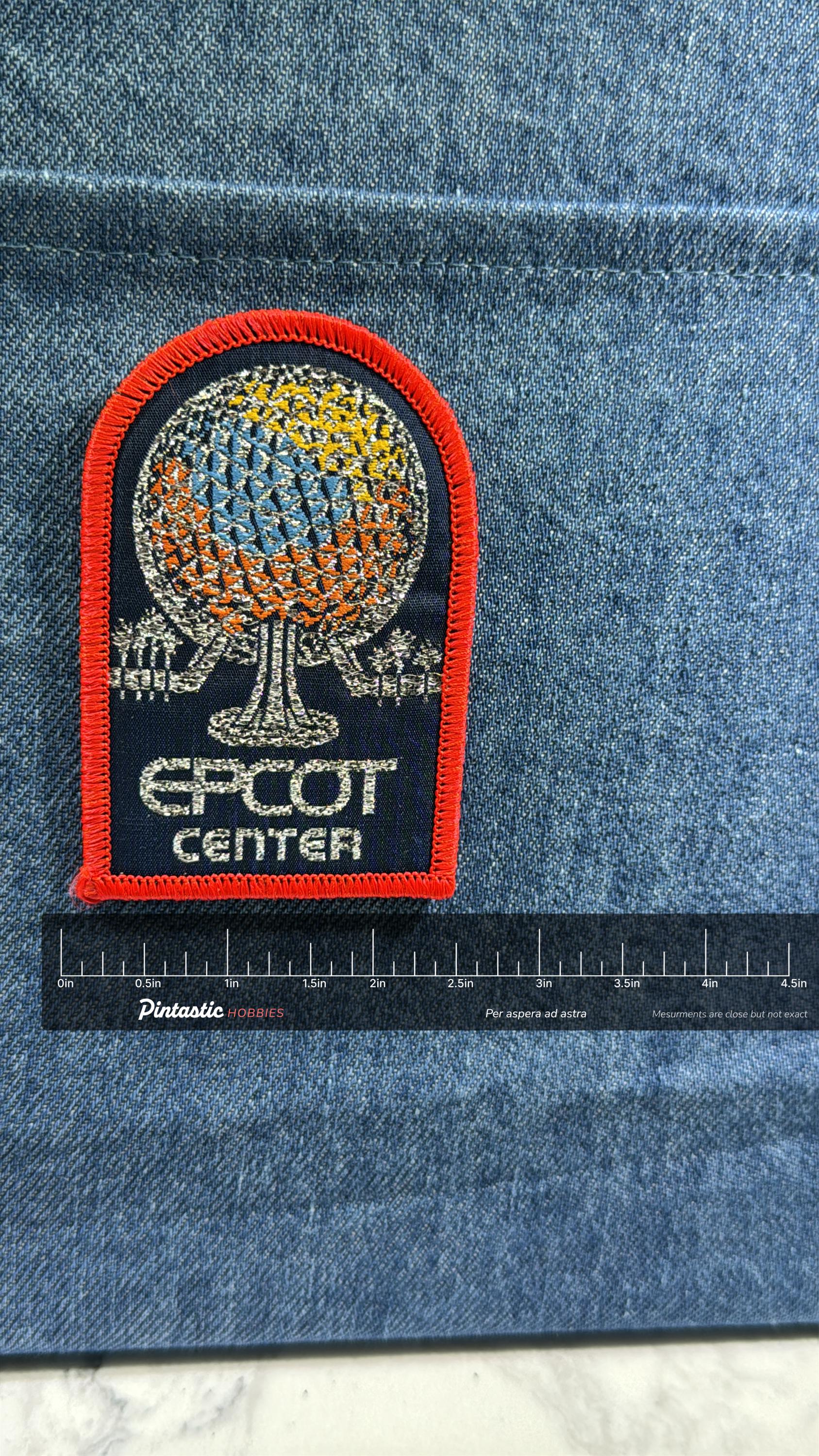 EPCOT Center Collectable Patch: Iron-On Multi-Color - Retro Theme Accessory with ruler overlay for size reference
