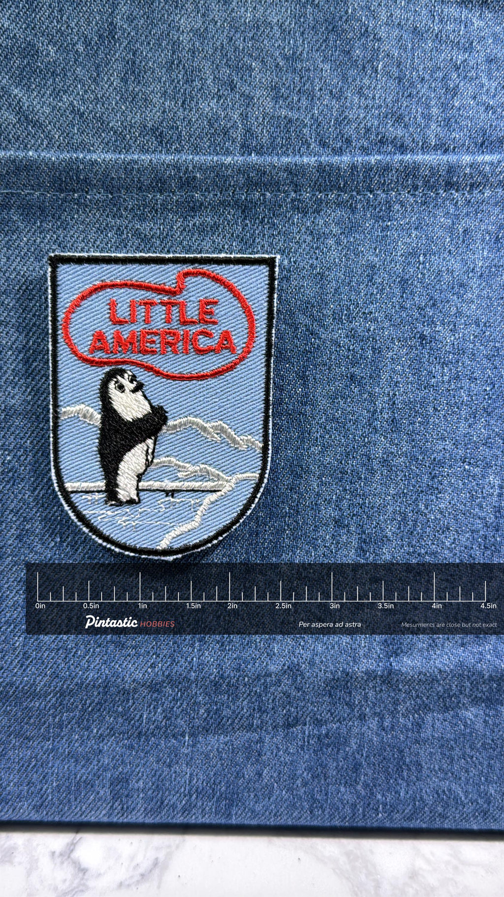 Little America Collectable Patch: Sew-On Blue/Red Penguin - Travel Souvenir Accessory with ruler overlay for size reference