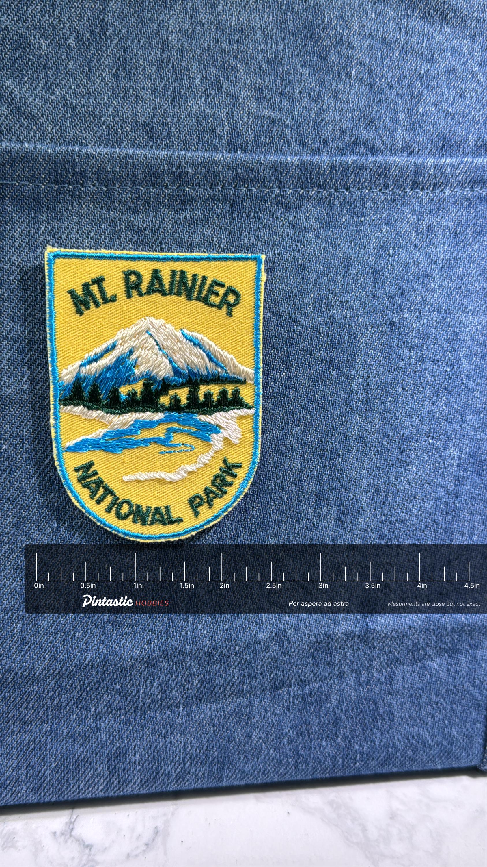 Mt. Rainier Collectable Patch: Sew-On Yellow Shield - Vintage Park Accessory with ruler overlay for size reference