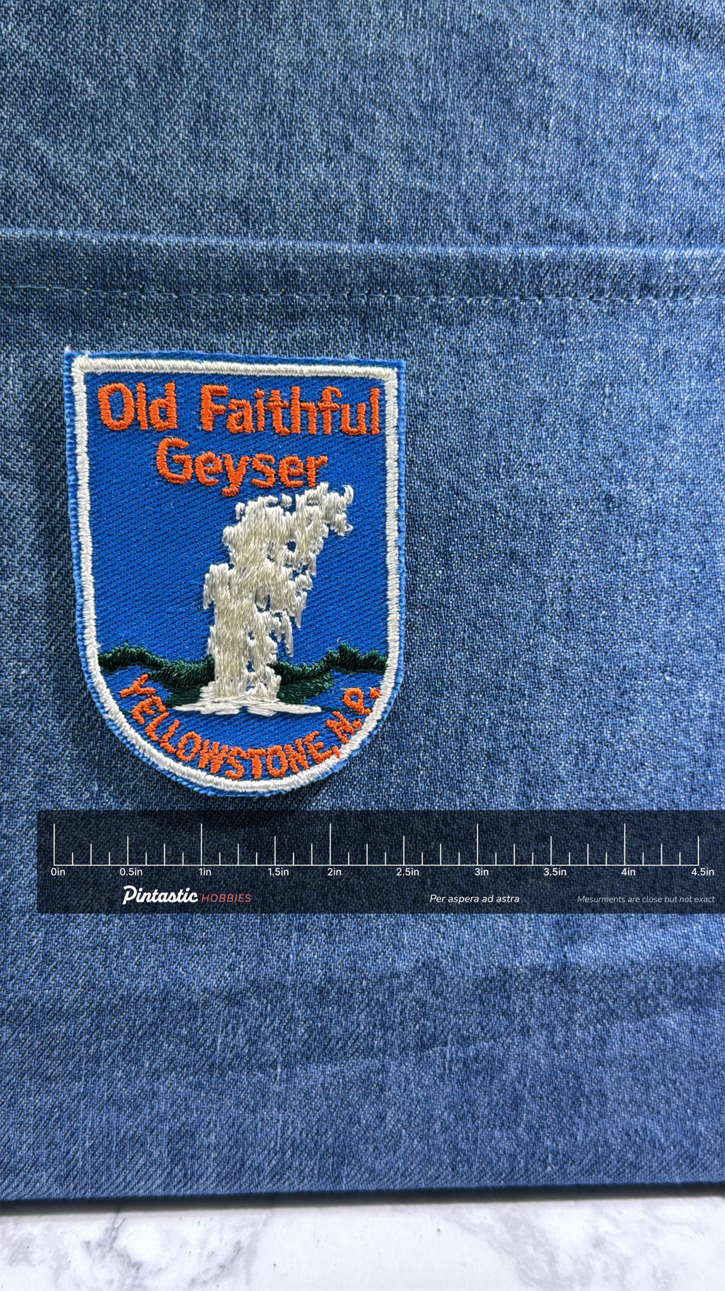 Old Faithful Geyser Collectable Patch: Sew-On Blue Shield - Vintage Travel Accessory with ruler overlay for size reference