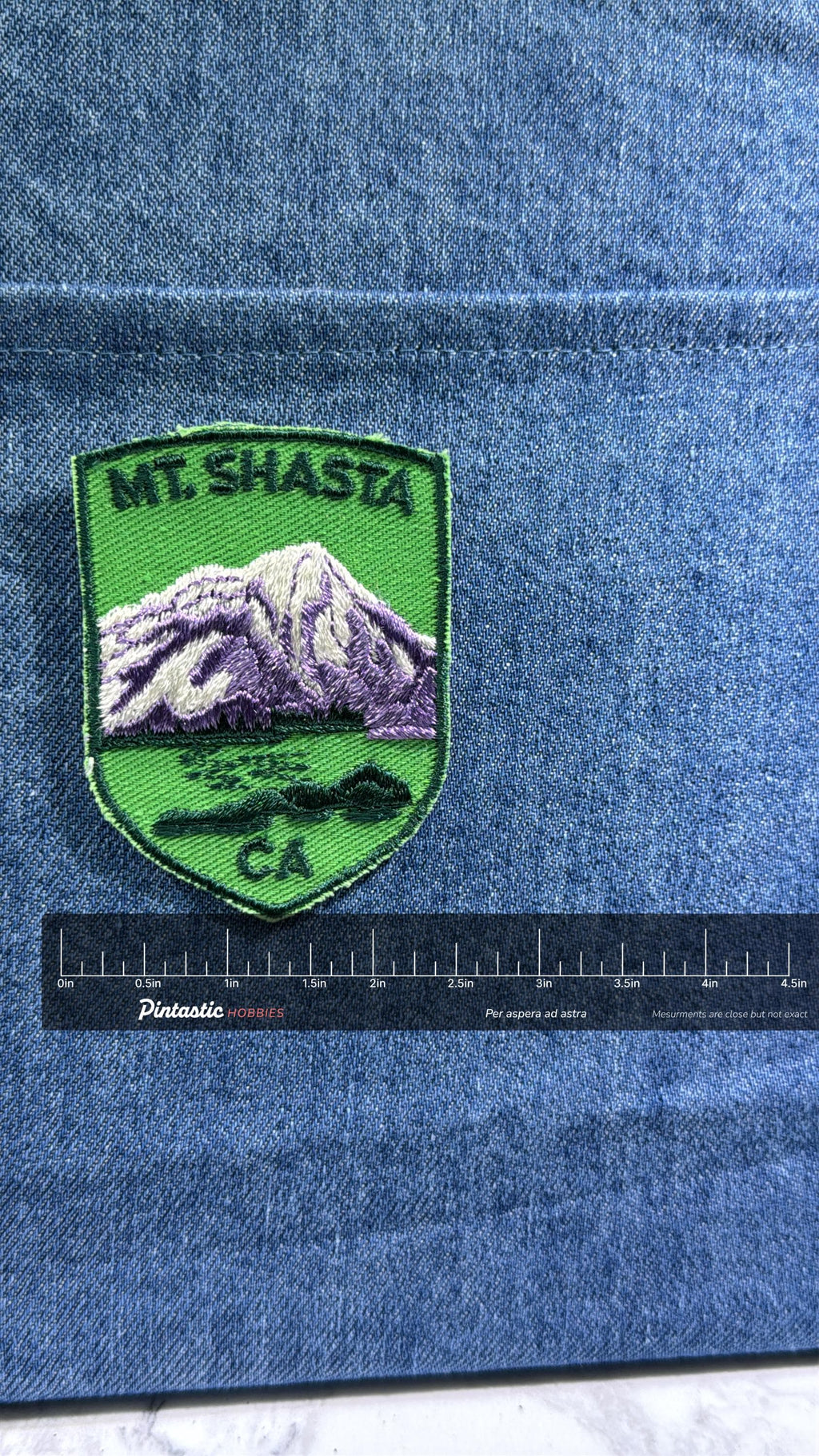 Mt. Shasta Collectable Patch: Sew-On Green Shield - Vintage Travel Accessory with ruler overlay for size reference