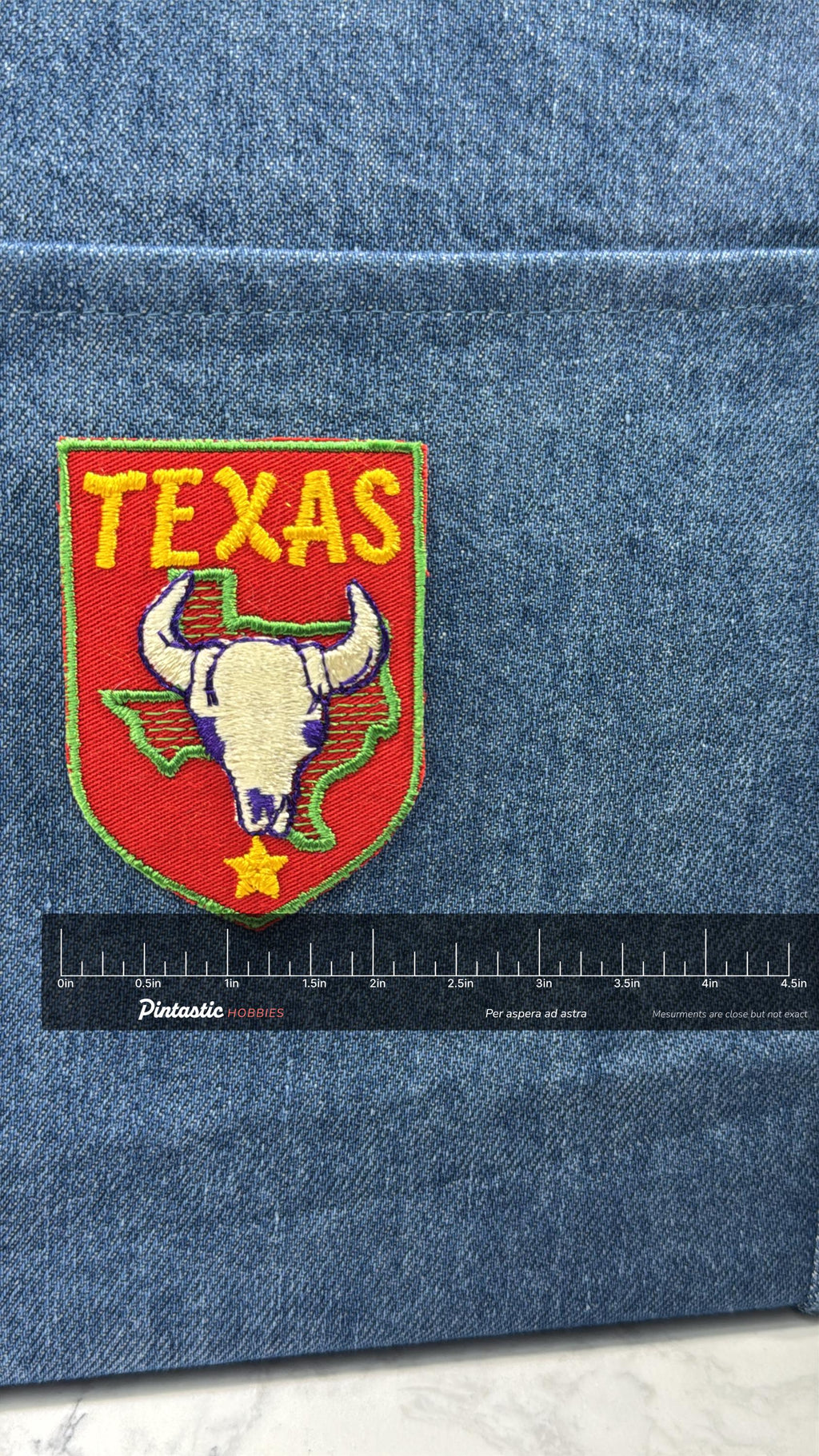 Texas Collectable Patch: Iron-On Red Western Style - Vintage State Accessory with ruler overlay for size reference