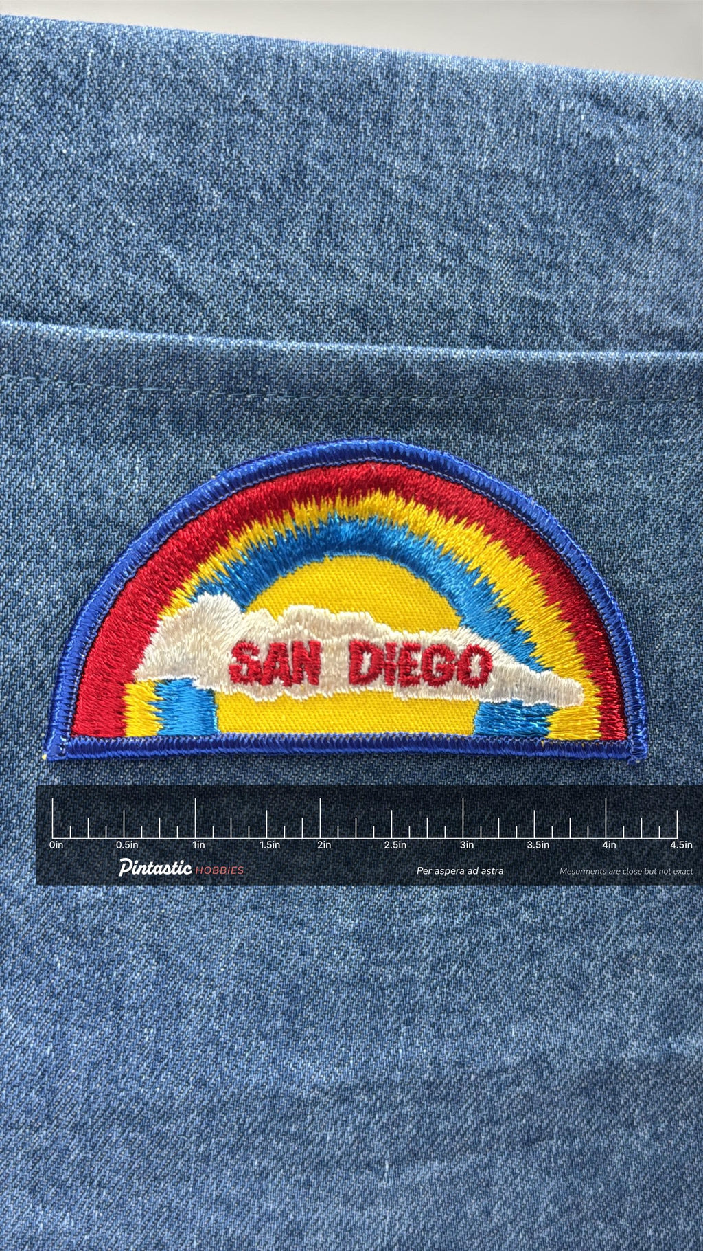 San Diego Collectable Patch: Sew-On Rainbow Finish - Retro Travel Accessory with ruler overlay for size reference