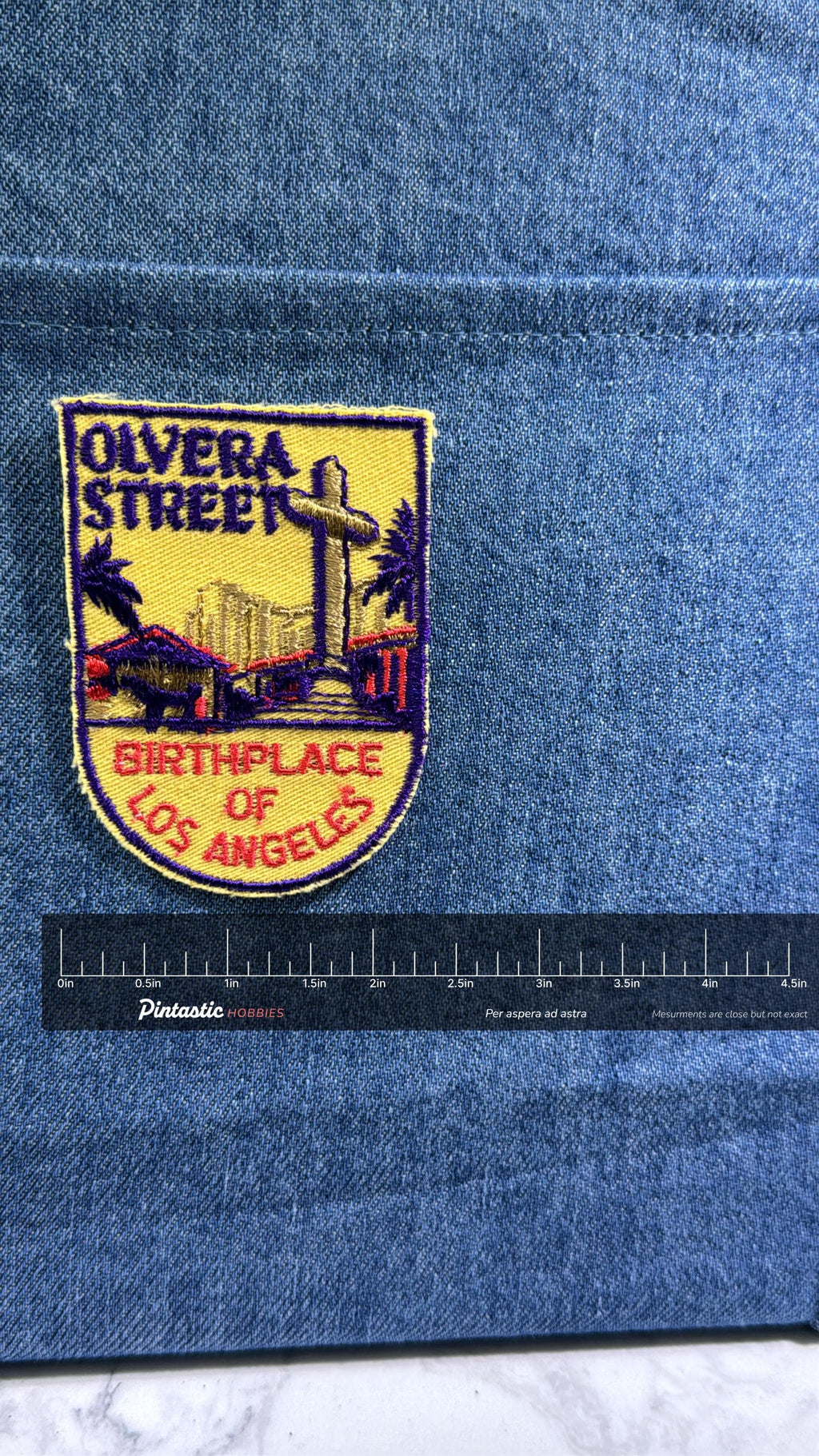 Olvera Street Collectable Patch: Sew-On Yellow-Purple Style - Vintage Travel Accessory with ruler overlay for size reference