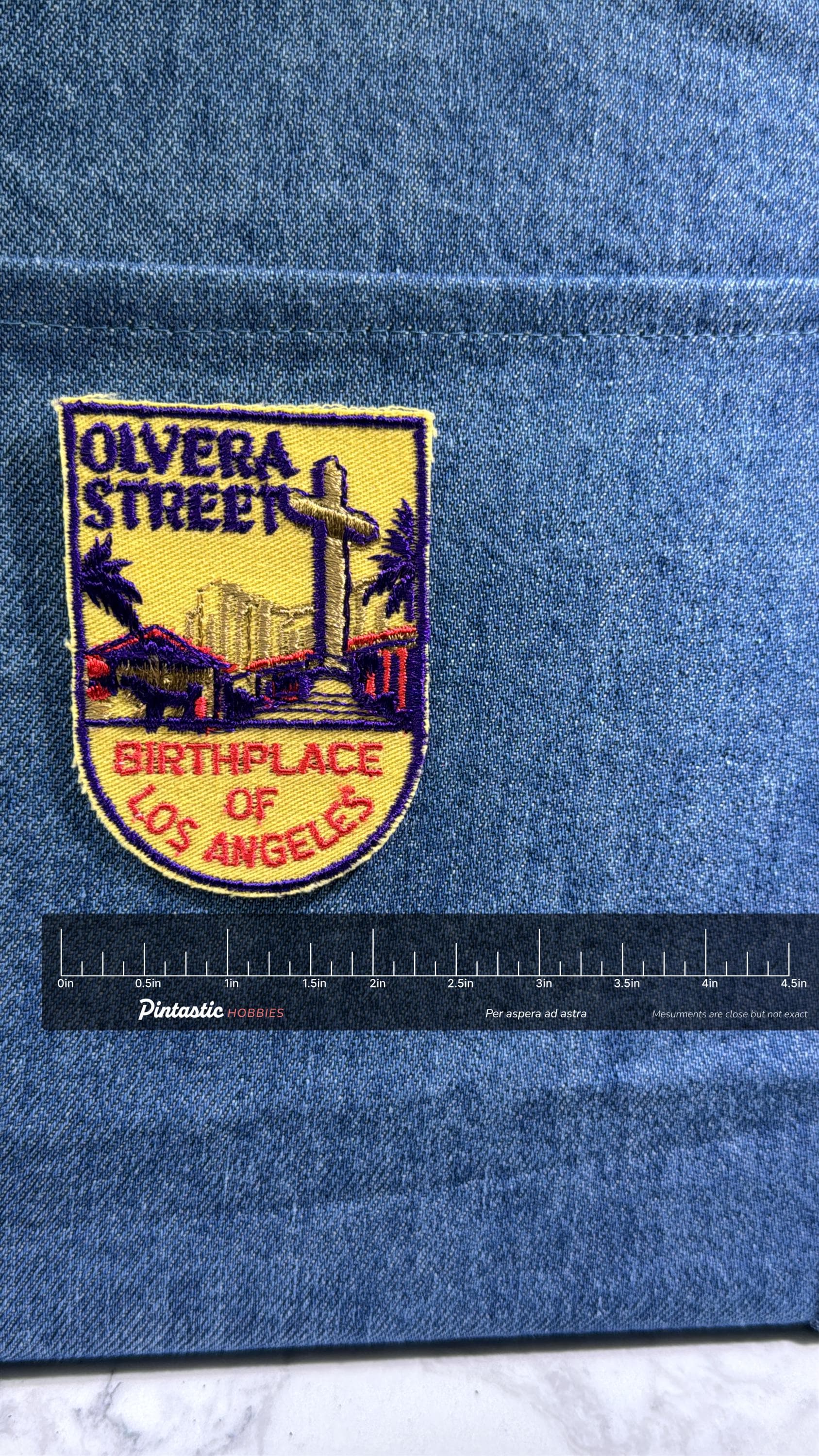 Olvera Street Collectable Patch: Sew-On Yellow-Purple Style - Vintage Travel Accessory with ruler overlay for size reference