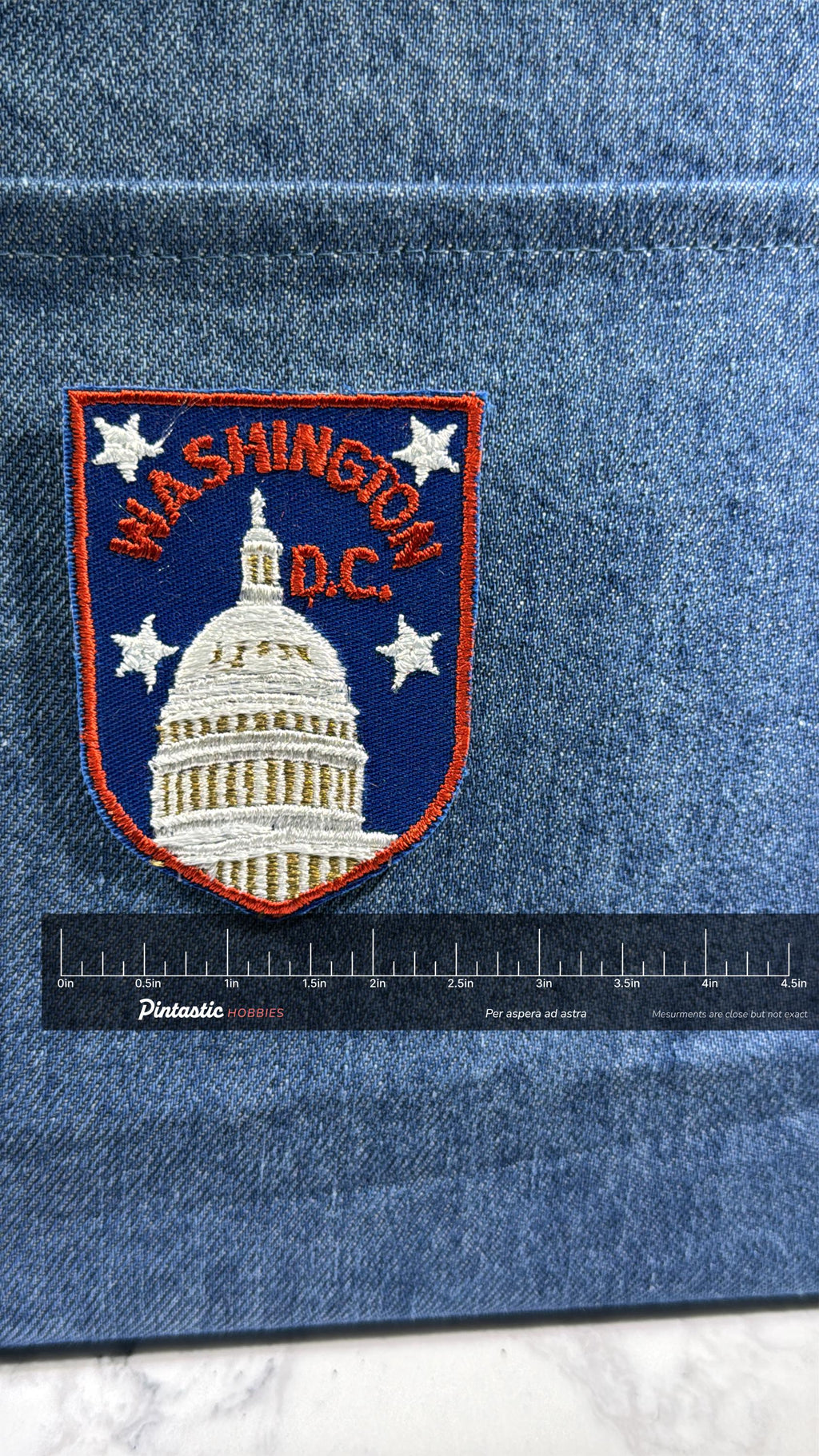 Washington D.C. Collectable Patch: Sew-On Unknown Blue Shield - Patriotic Accessory with ruler overlay for size reference