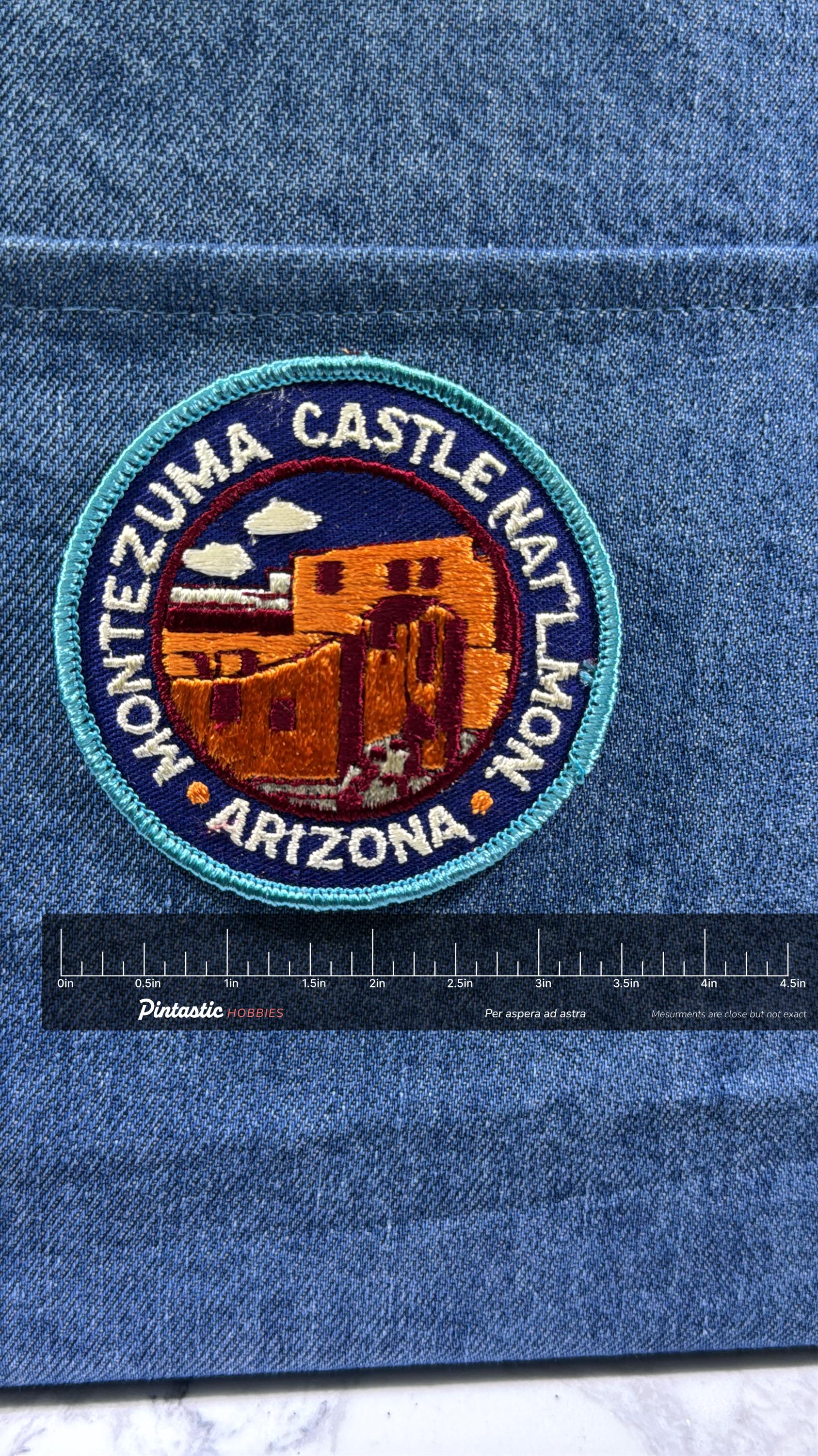 Montezuma Castle Patch: Iron-On Finish Circle - Vintage Travel Accessory with ruler overlay for size reference