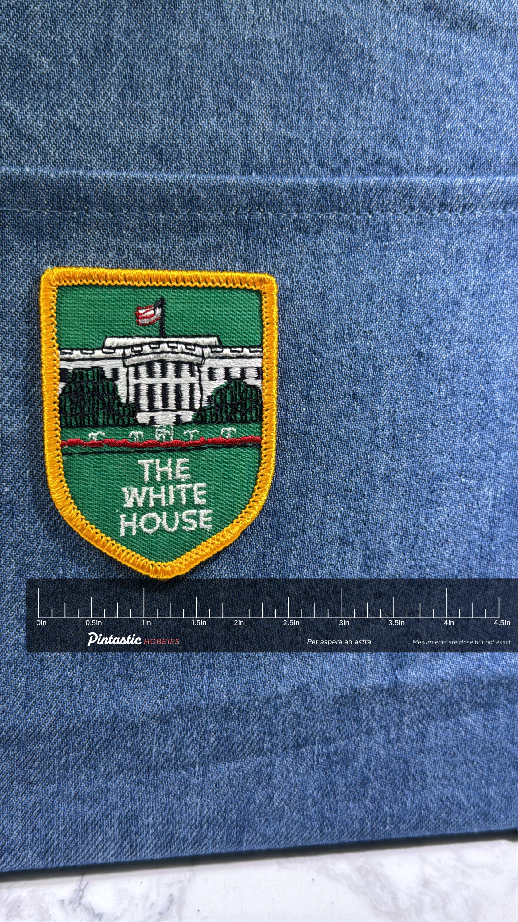 White House Collectable Patch: Iron-On Green Shield - Patriotic Accessory with ruler overlay for size reference