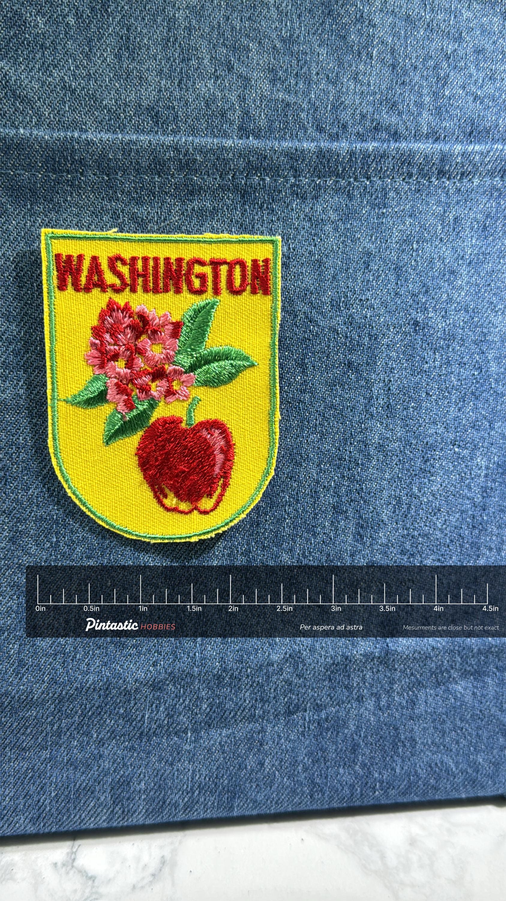 Washington Collectable Patch: Sew-On Yellow Shield - Vintage Travel Accessory with ruler overlay for size reference