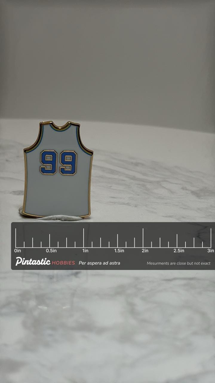 George Milkan Minneapolis Lakers Pin: White & Blue - Vintage NBA Accessory with ruler overlay for size reference