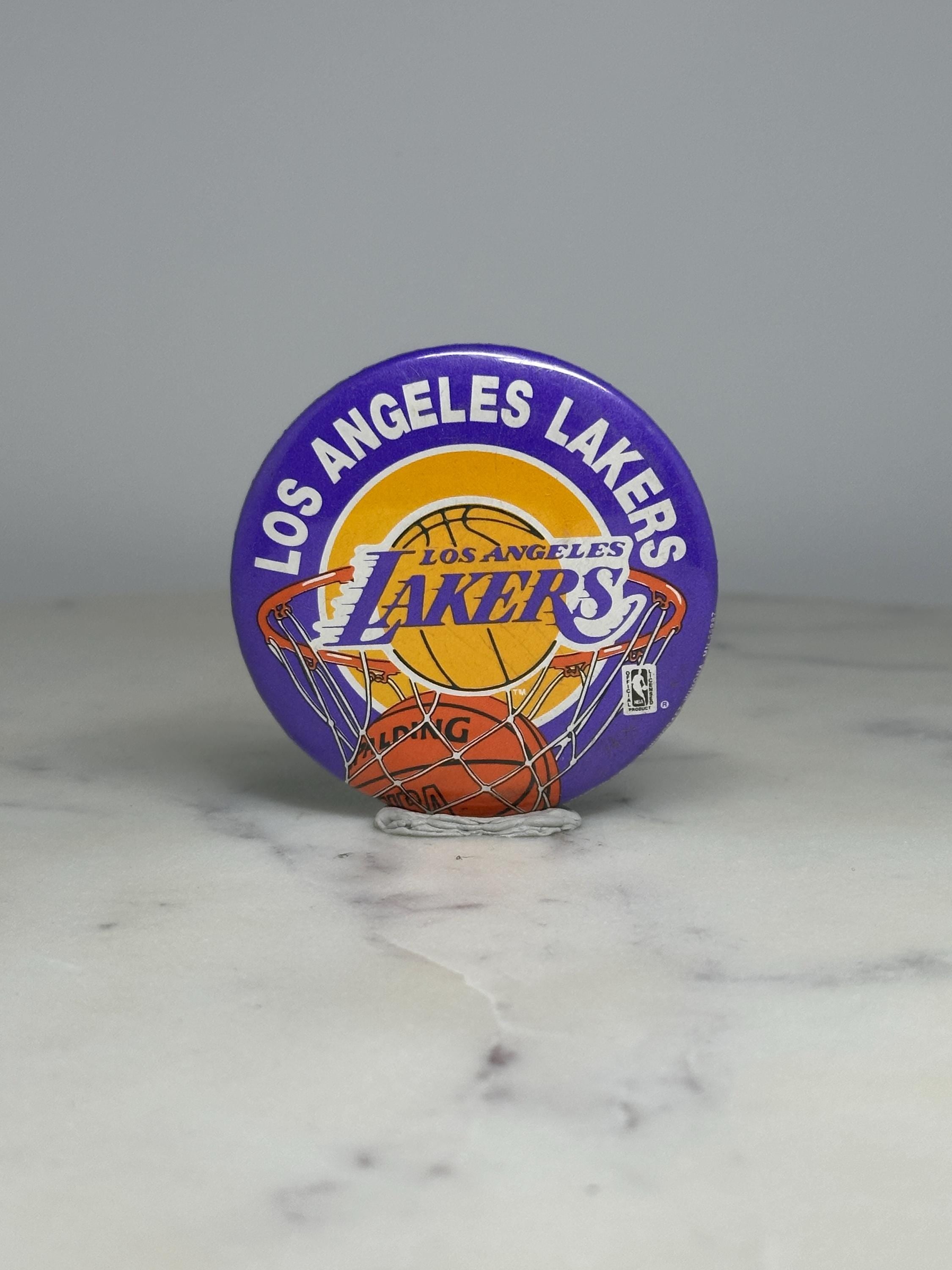 Los Angeles Lakers Button Pin: Purple Basketball Design - Vintage Sports Accessory