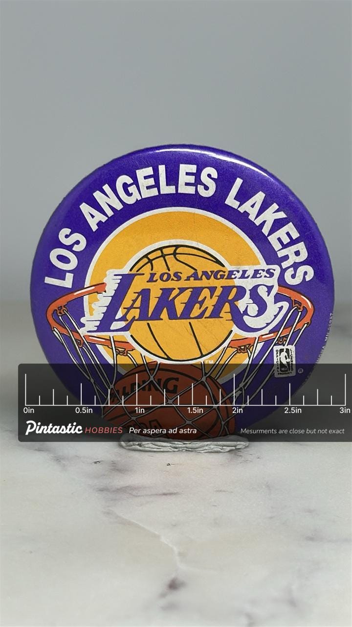 Los Angeles Lakers Button Pin: Purple Basketball Design - Vintage Sports Accessory with ruler overlay for size reference
