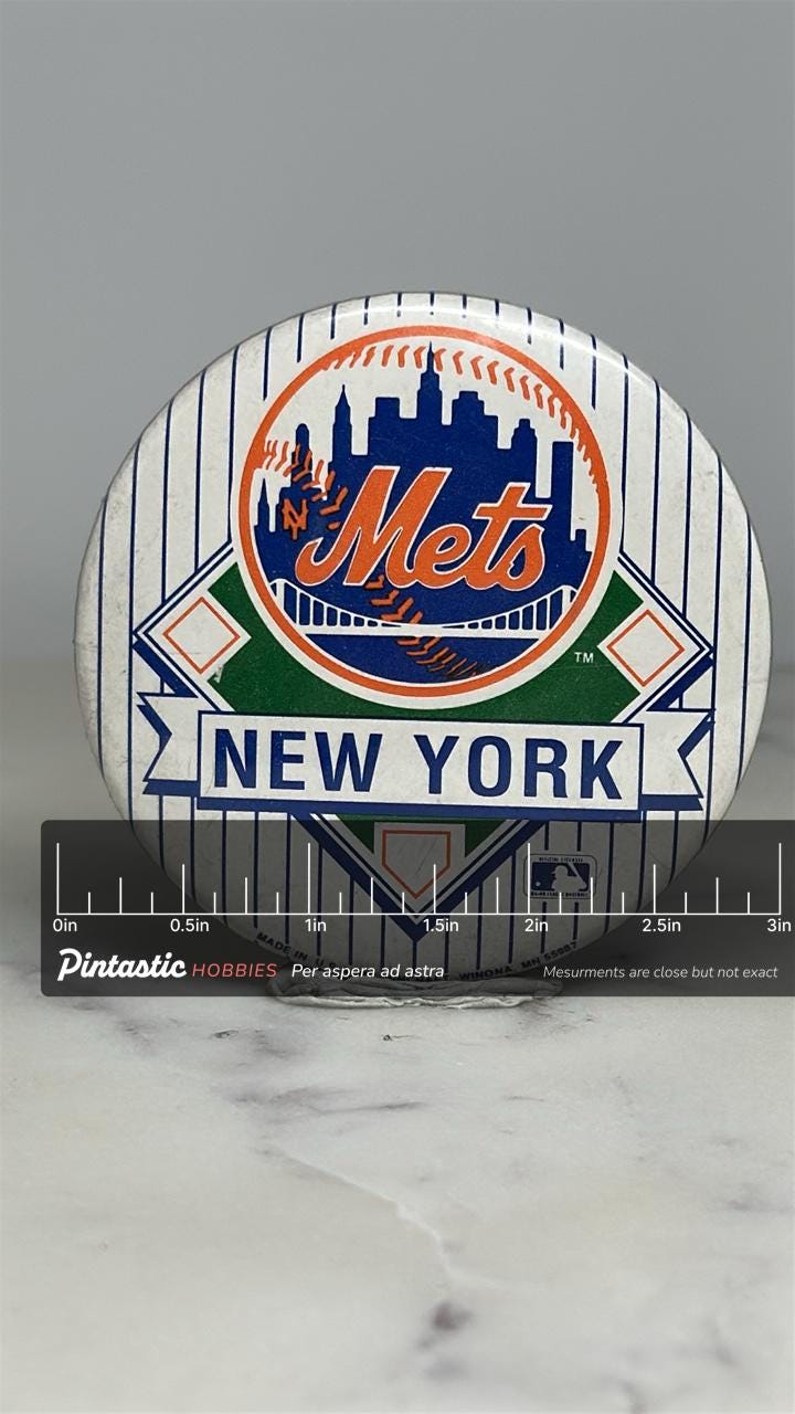 New York Mets Button Pin: Classic MLB Logo - Vintage Sports Accessory with ruler overlay for size reference