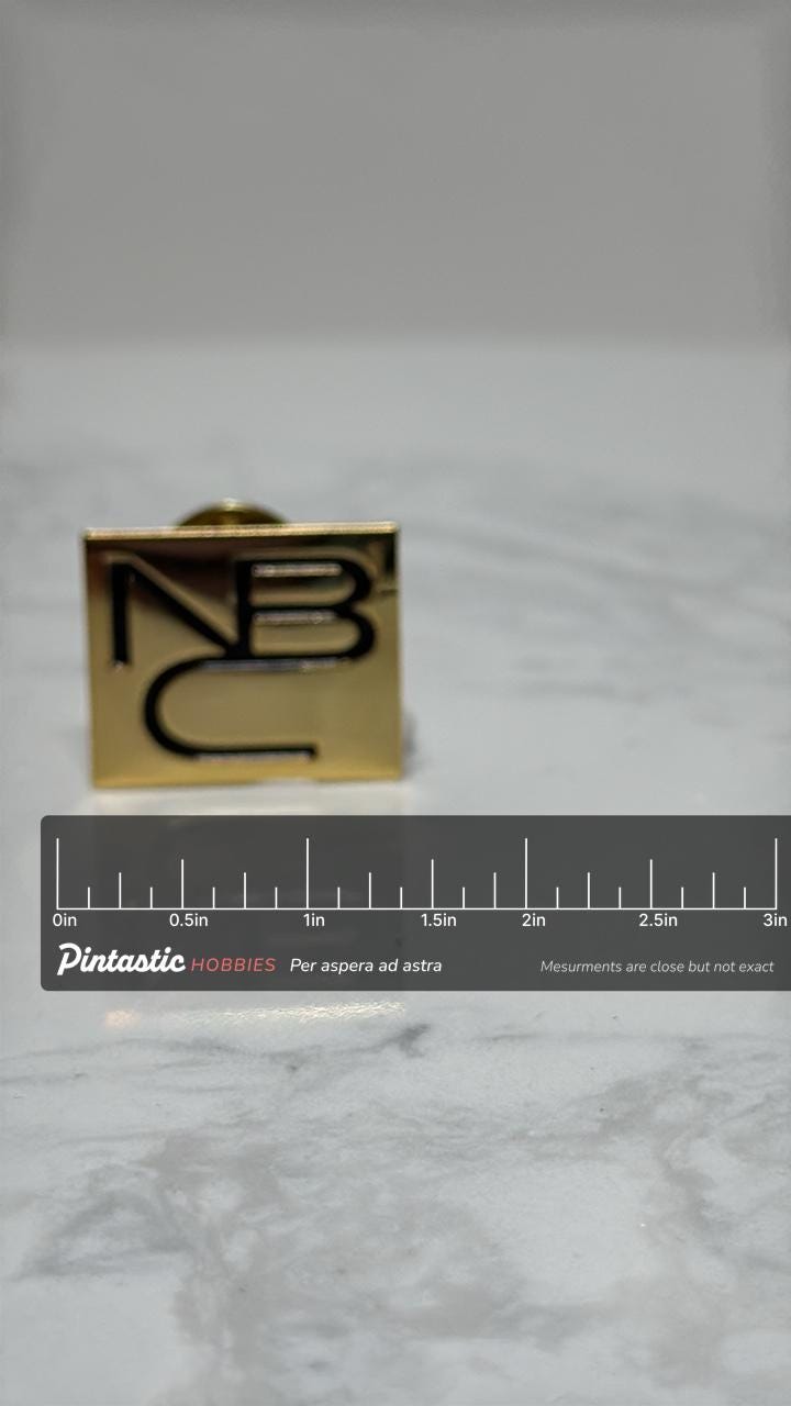 NBC Logo Pin: Gold Tone Square - Vintage TV Network Accessory with ruler overlay for size reference