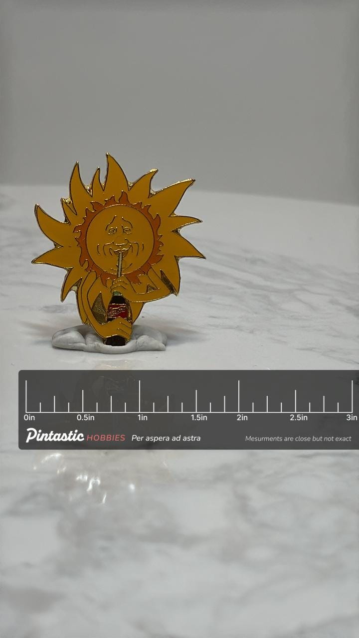 Sun Straw Coca-Cola Enamel Pin: Retro Yellow & Blue - 90s Summer Accessory with ruler overlay for size reference