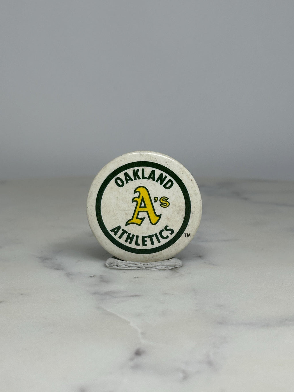 Oakland Athletics Button Pin: Green & Yellow Logo - Vintage Sports Accessory