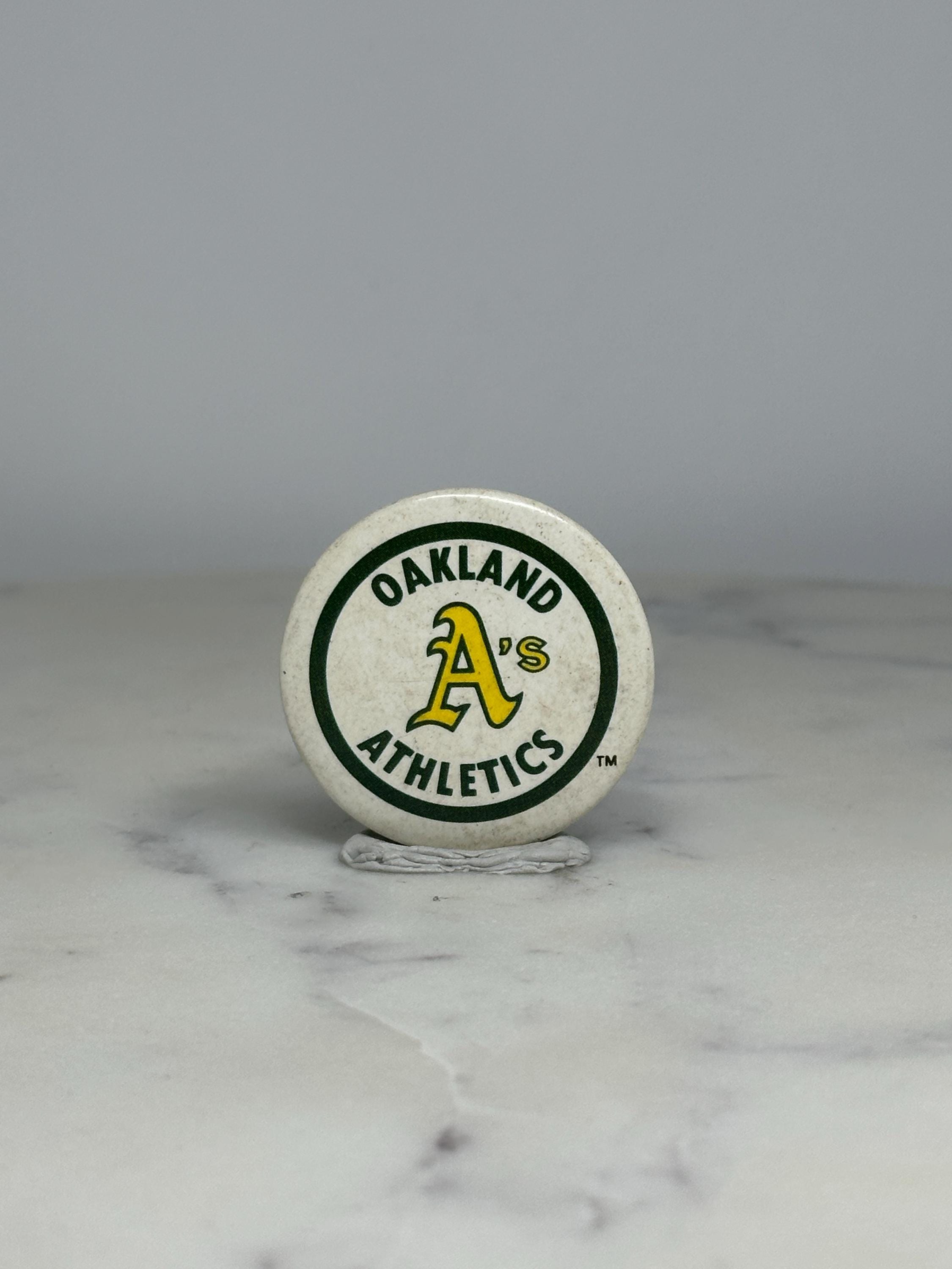 Oakland Athletics Button Pin: Green & Yellow Logo - Vintage Sports Accessory