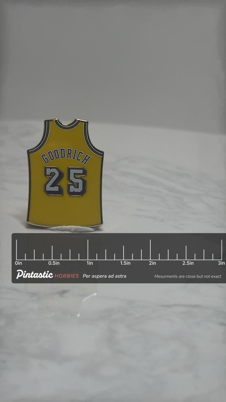 Gail Goodrich Lakers Jersey Pin: Yellow Enamel - Vintage NBA Accessory with ruler overlay for size reference