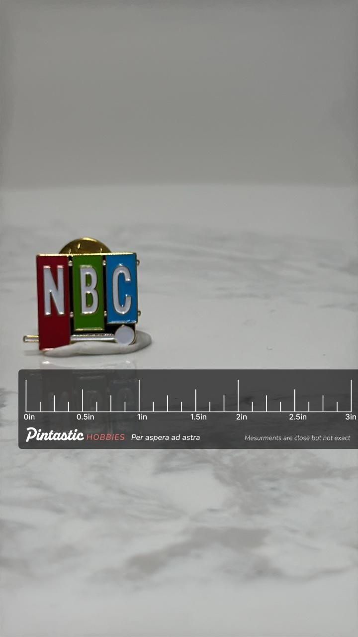 NBC Logo Lapel Pin: Red Green Blue Enamel - Vintage TV Accessory with ruler overlay for size reference