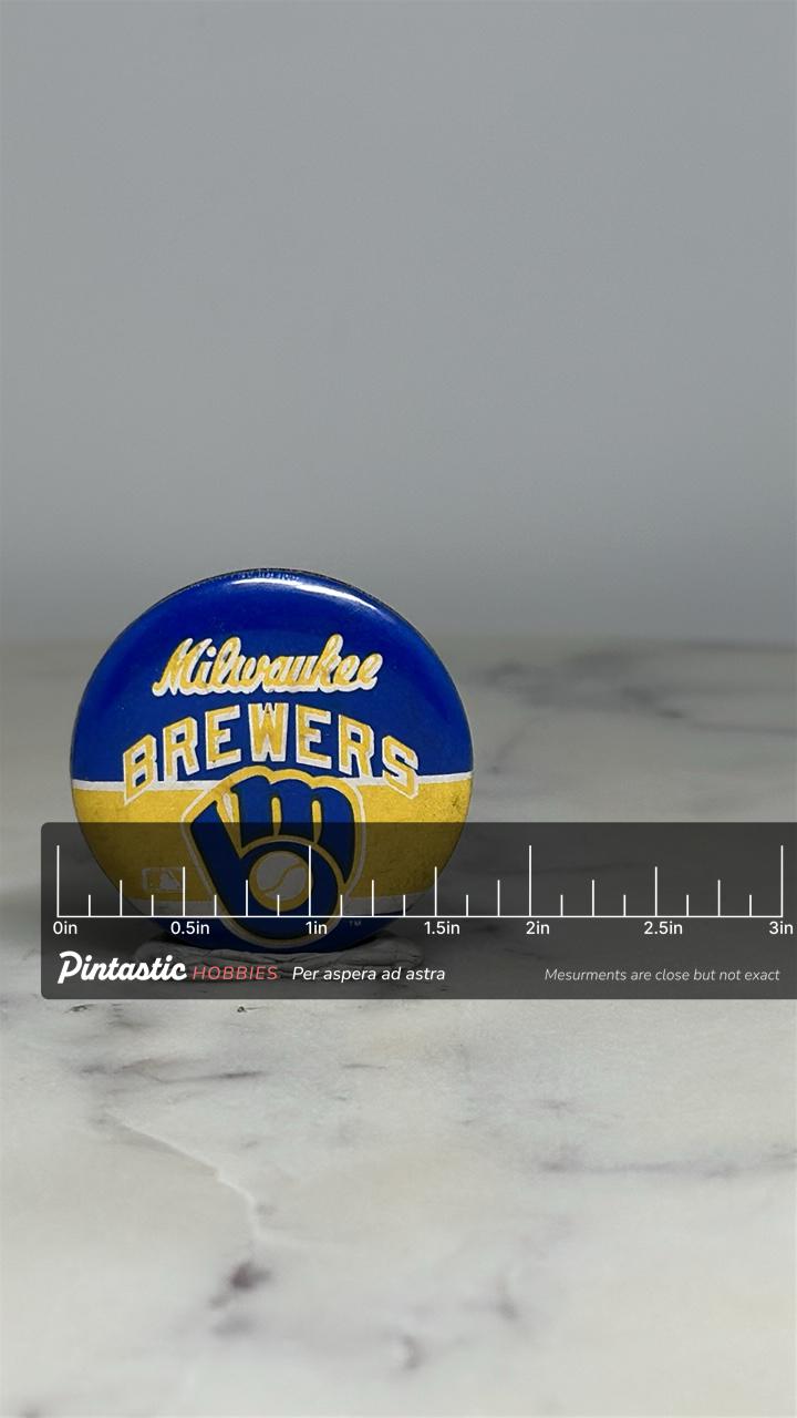 Milwaukee Brewers Button Pin: Blue & Yellow Retro - Baseball Fan Accessory with ruler overlay for size reference