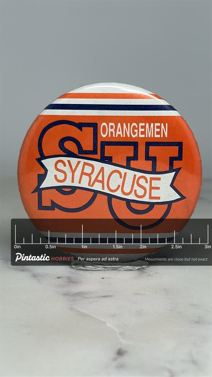 Syracuse Orangemen Pinback Button: Orange & Blue Graphic - Vintage College Accessory with ruler overlay for size reference