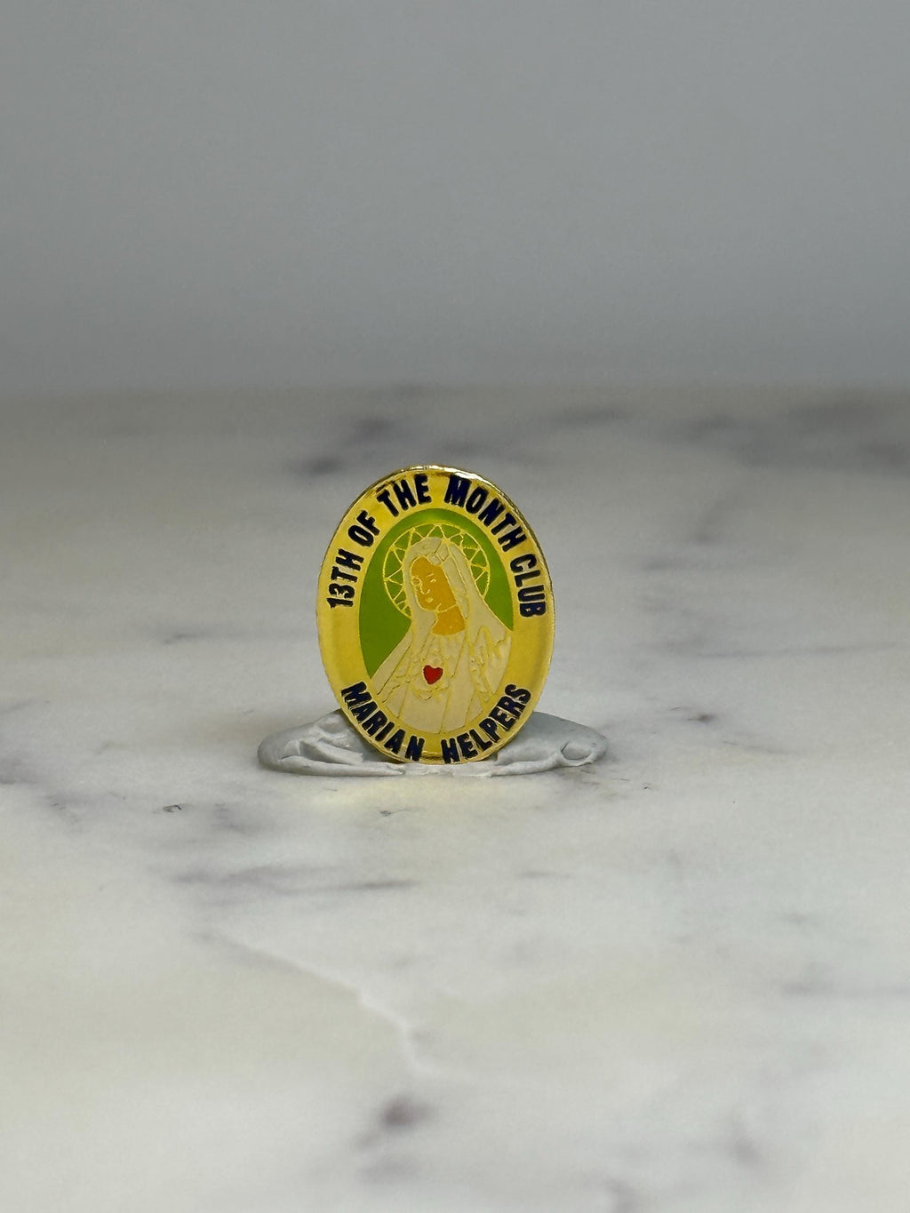 Marian Helpers Religious Pin: Gold & Green Enamel - Vintage Faith Accessory