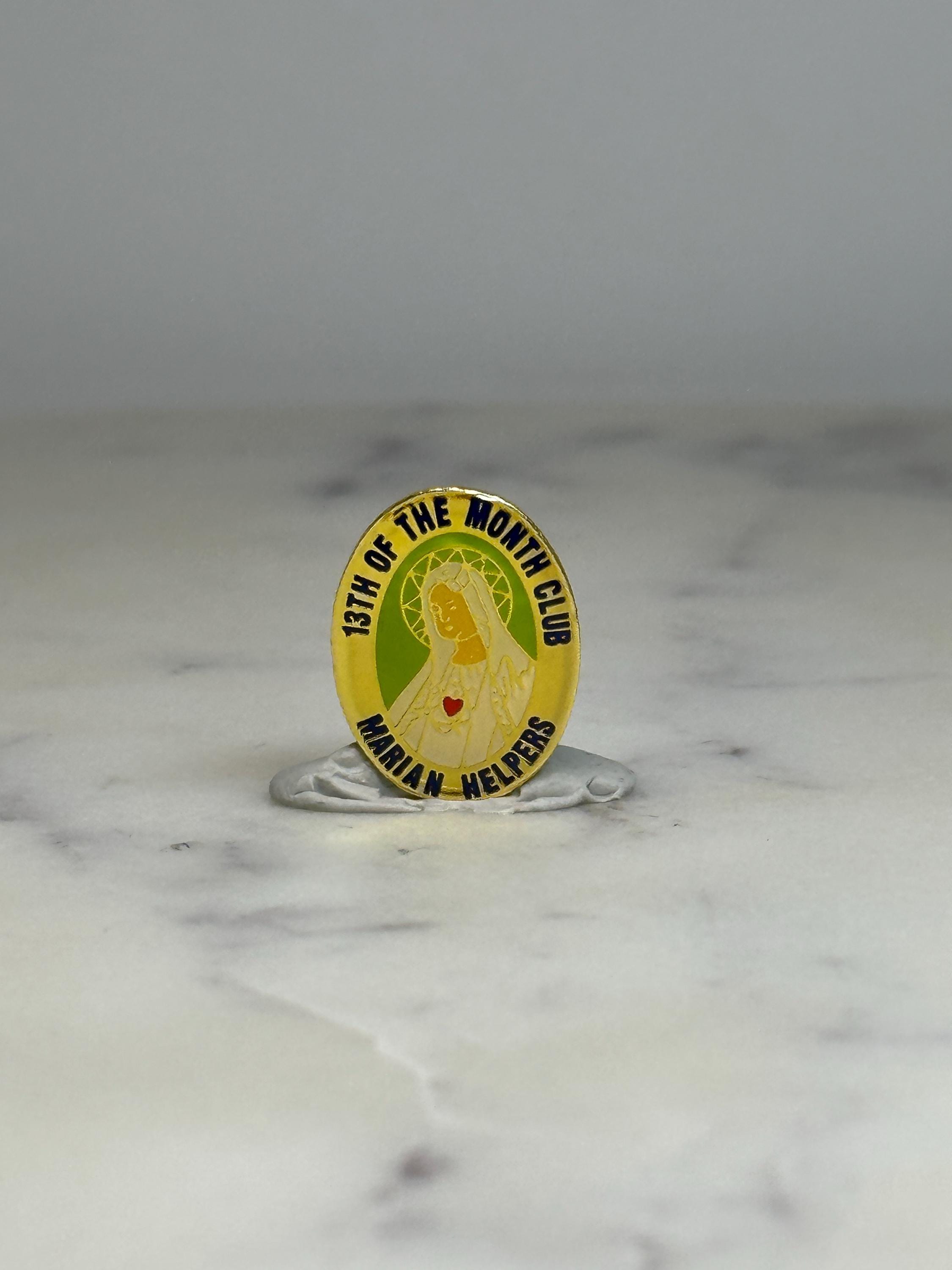 Marian Helpers Religious Pin: Gold & Green Enamel - Vintage Faith Accessory