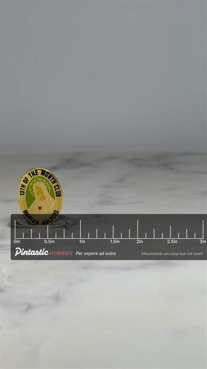 Marian Helpers Religious Pin: Gold & Green Enamel - Vintage Faith Accessory with ruler overlay for size reference