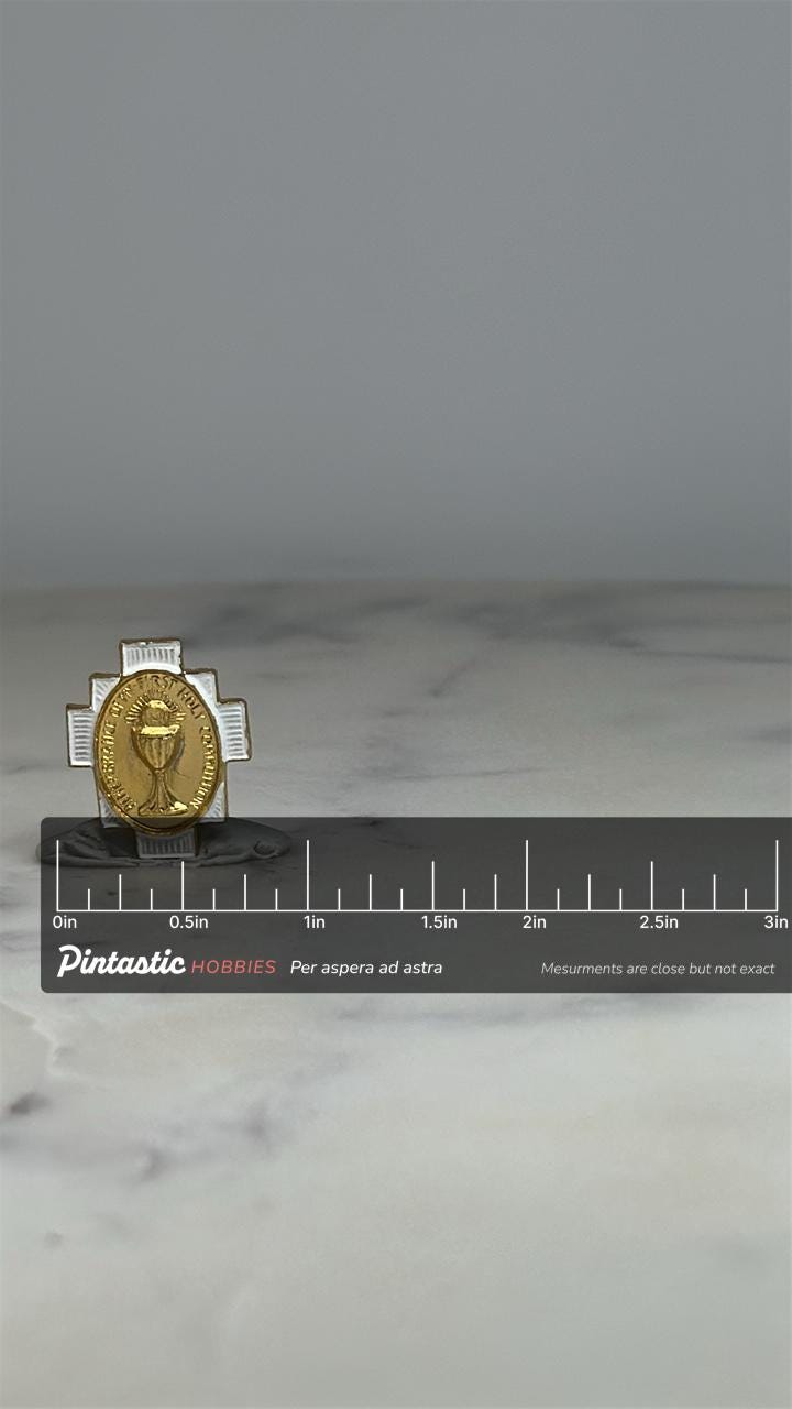 First Communion Cross Pin: Gold & Silver Tone - Religious Keepsake Accessory with ruler overlay for size reference