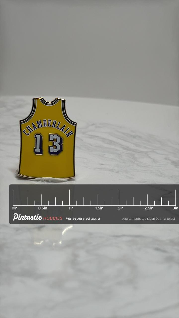 Chamberlain Lakers Jersey Pin: Yellow Enamel Finish - Vintage NBA Accessory with ruler overlay for size reference