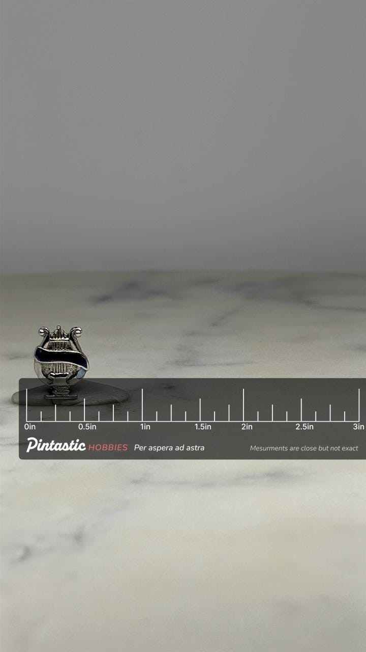 Music Lyre Pin: Silver Tone with Blue Enamel - Vintage Band Accessory with ruler overlay for size reference