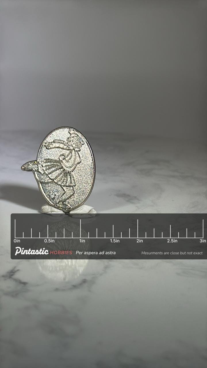 Twirling Ice Skater Glitter Pin: Silver Finish - Vintage-Inspired Accessory with ruler overlay for size reference