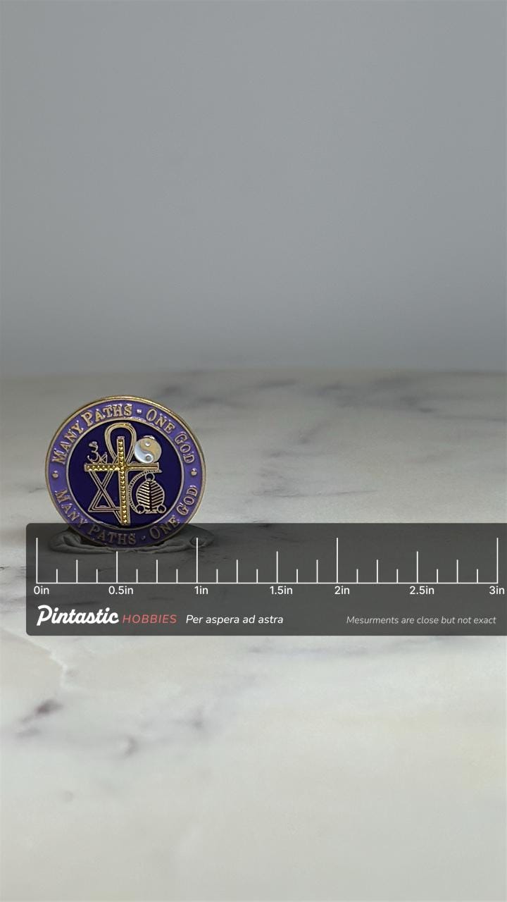 Many Paths One God Pin: Purple Gold Enamel - Interfaith Spiritual Accessory with ruler overlay for size reference
