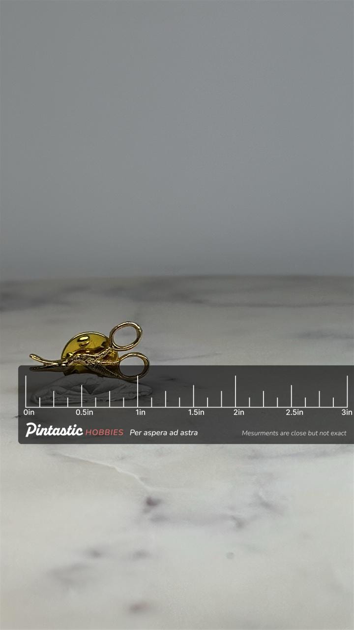 Stork Scissors Lapel Pin: Gold Tone Finish - Vintage Style Accessory with ruler overlay for size reference