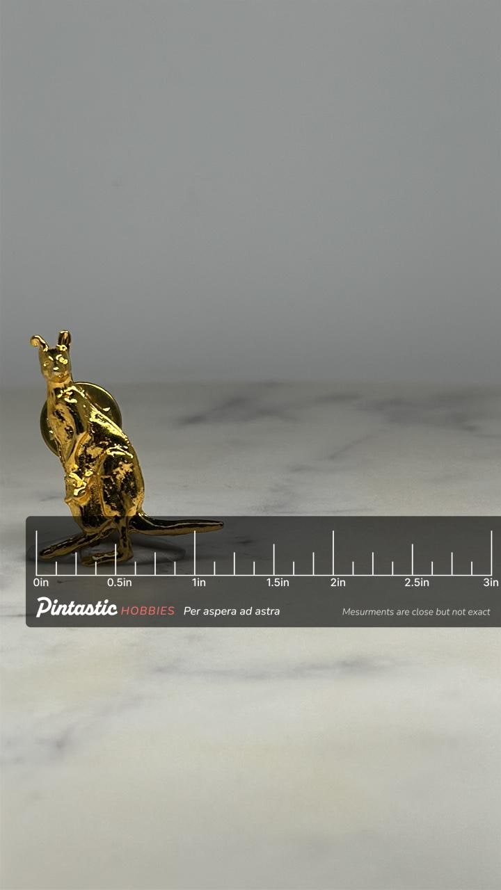 Kangaroo Lapel Pin: Gold-Tone Finish - Vintage Animal Accessory with ruler overlay for size reference