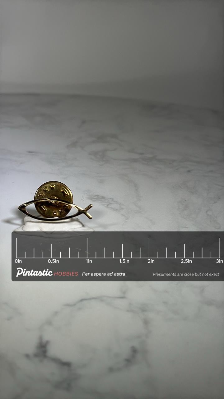 Christian Ichthys Fish Lapel Pin: Gold Tone Finish - Faith-Based Accessory with ruler overlay for size reference