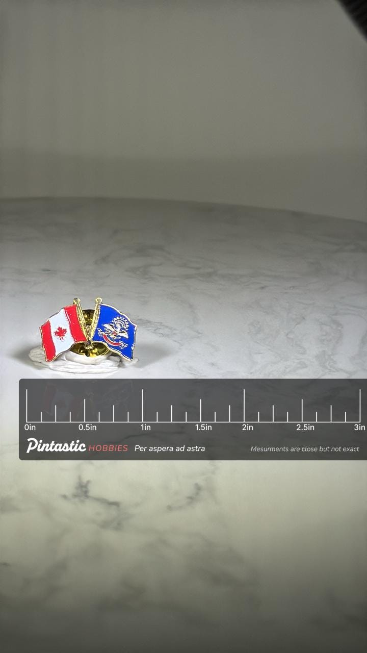 Canada-New York Flag Pin: Gold Tone Enamel - International Relations Accessory with ruler overlay for size reference