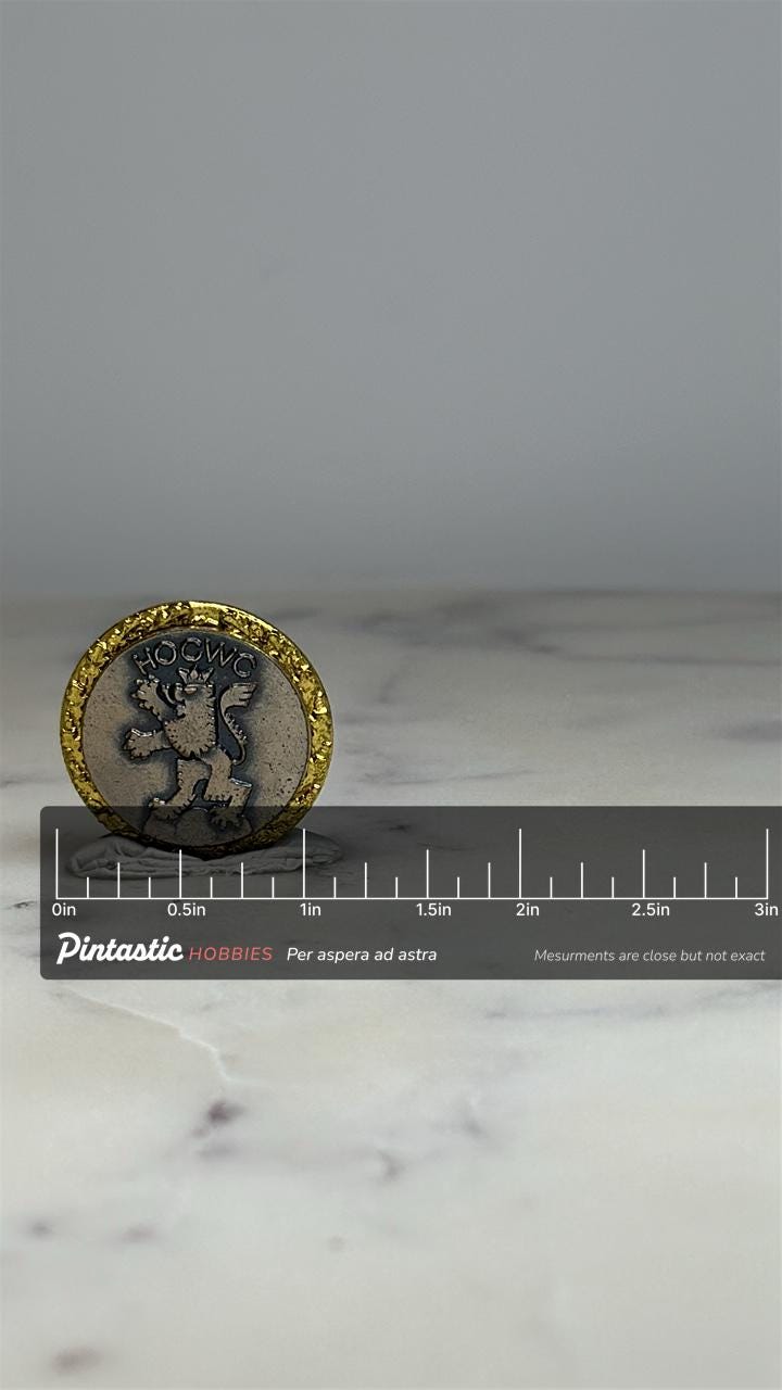 HOCWC Crest Lapel Pin: Gold-Tone Lion Emblem - Vintage Accessory with ruler overlay for size reference