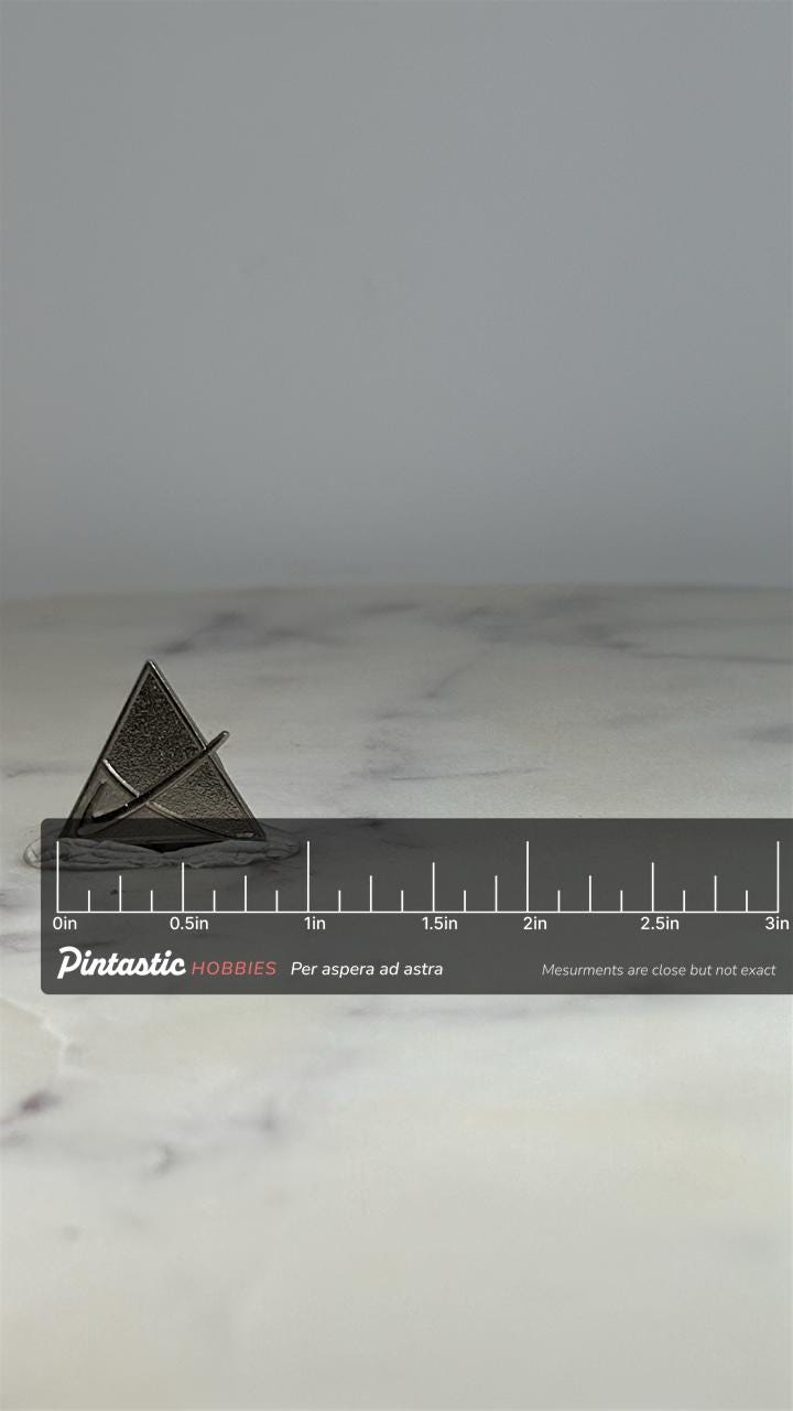 Geometric Triangle Pin: Pewter Finish - Modern Minimalist Accessory with ruler overlay for size reference