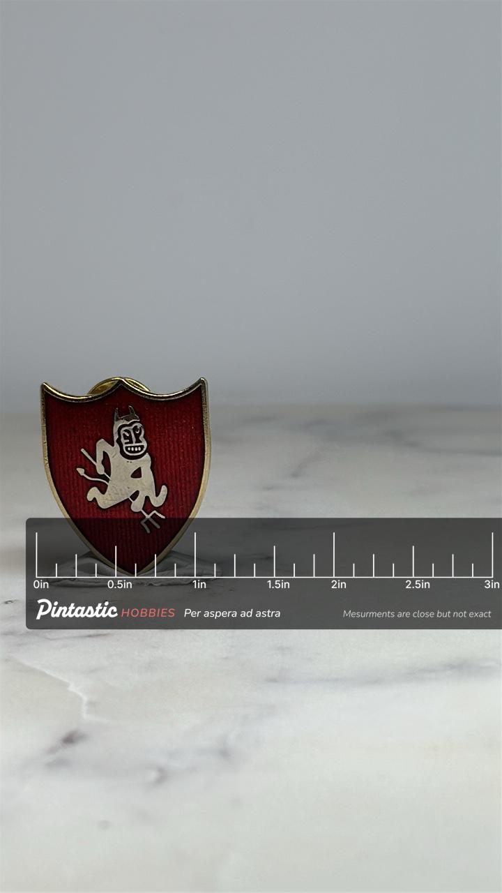 Arizona State University Mascot Shield Pin: Red & Gold Enamel - Vintage College Accessory with ruler overlay for size referen