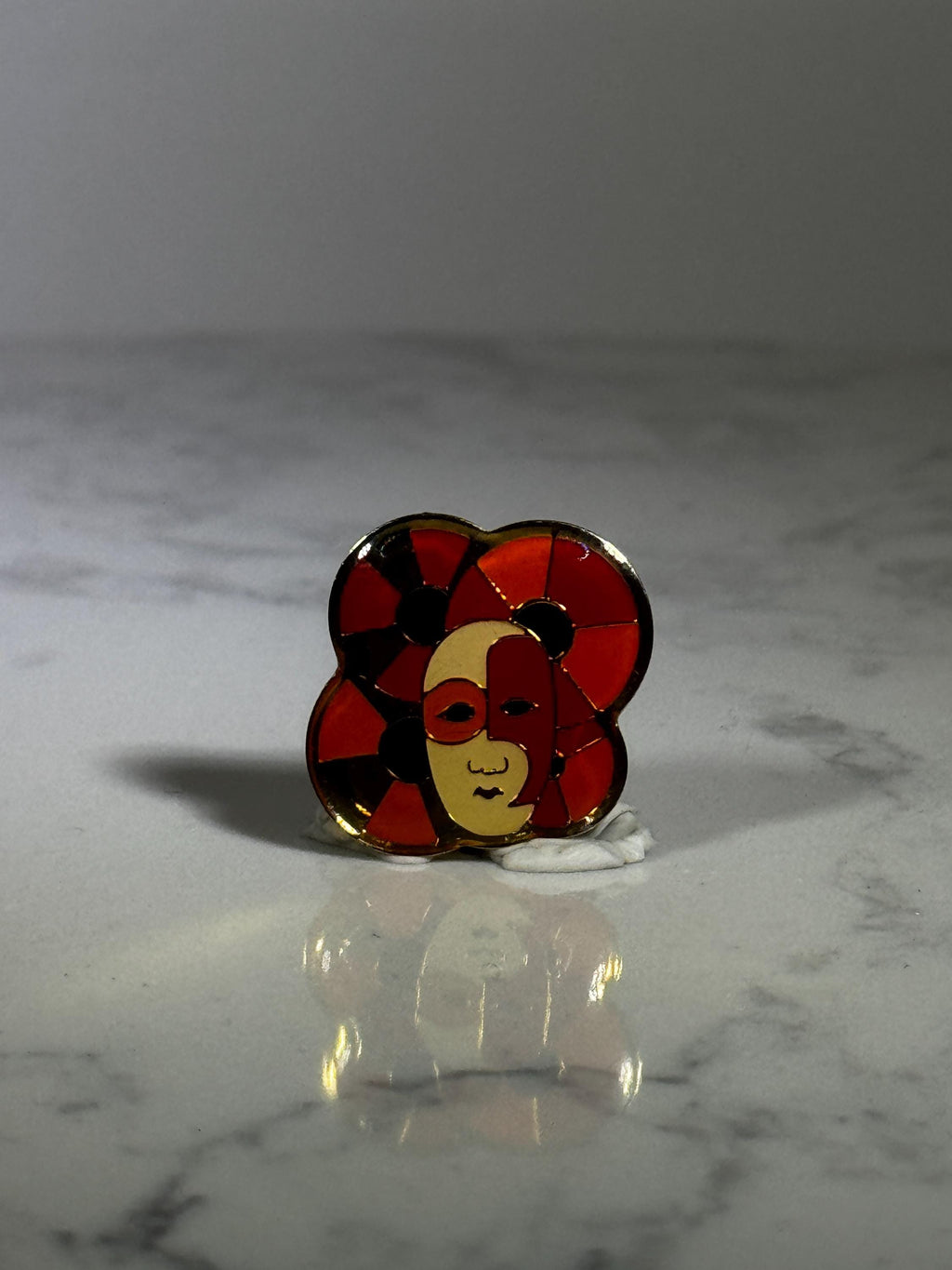 Harlequin Face Enamel Pin: Red & Gold Enamel - Vintage Art Deco Accessory