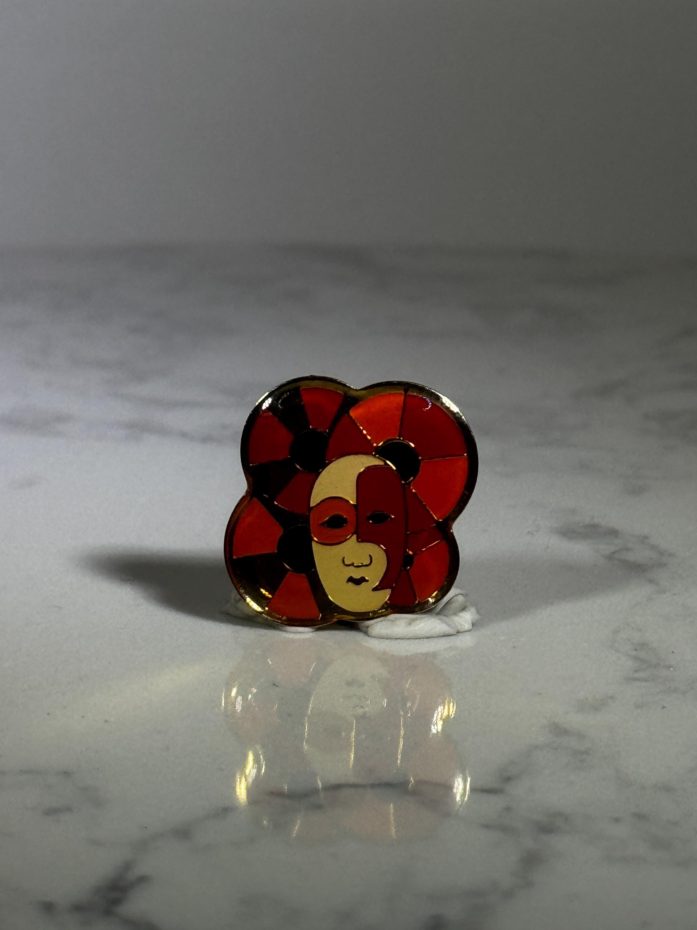 Harlequin Face Enamel Pin: Red & Gold Enamel - Vintage Art Deco Accessory