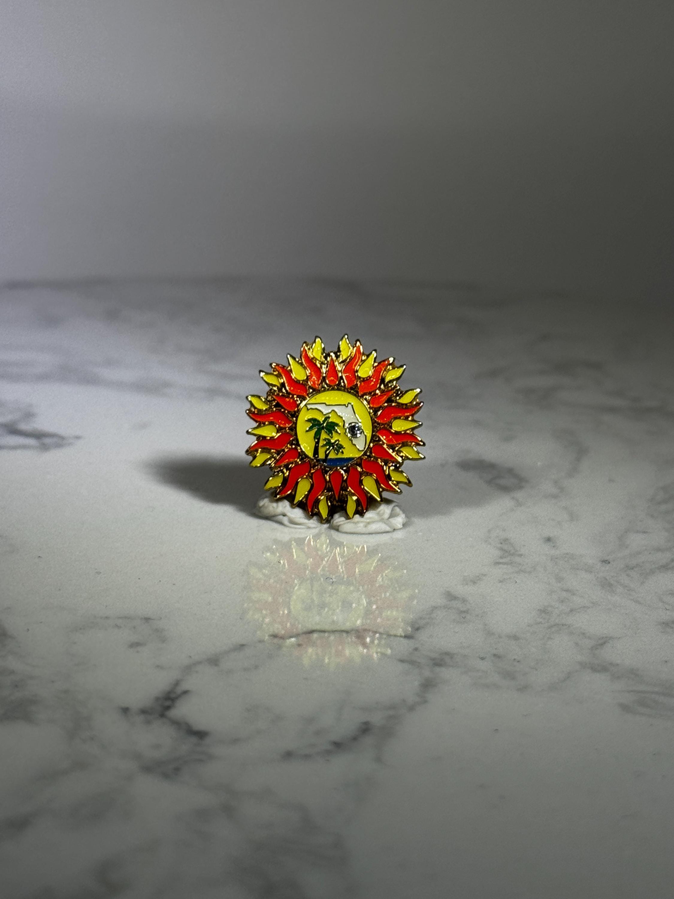 Florida Tropical Sunburst Enamel Pin: Red Yellow Finish - Retro Vacation Accessory