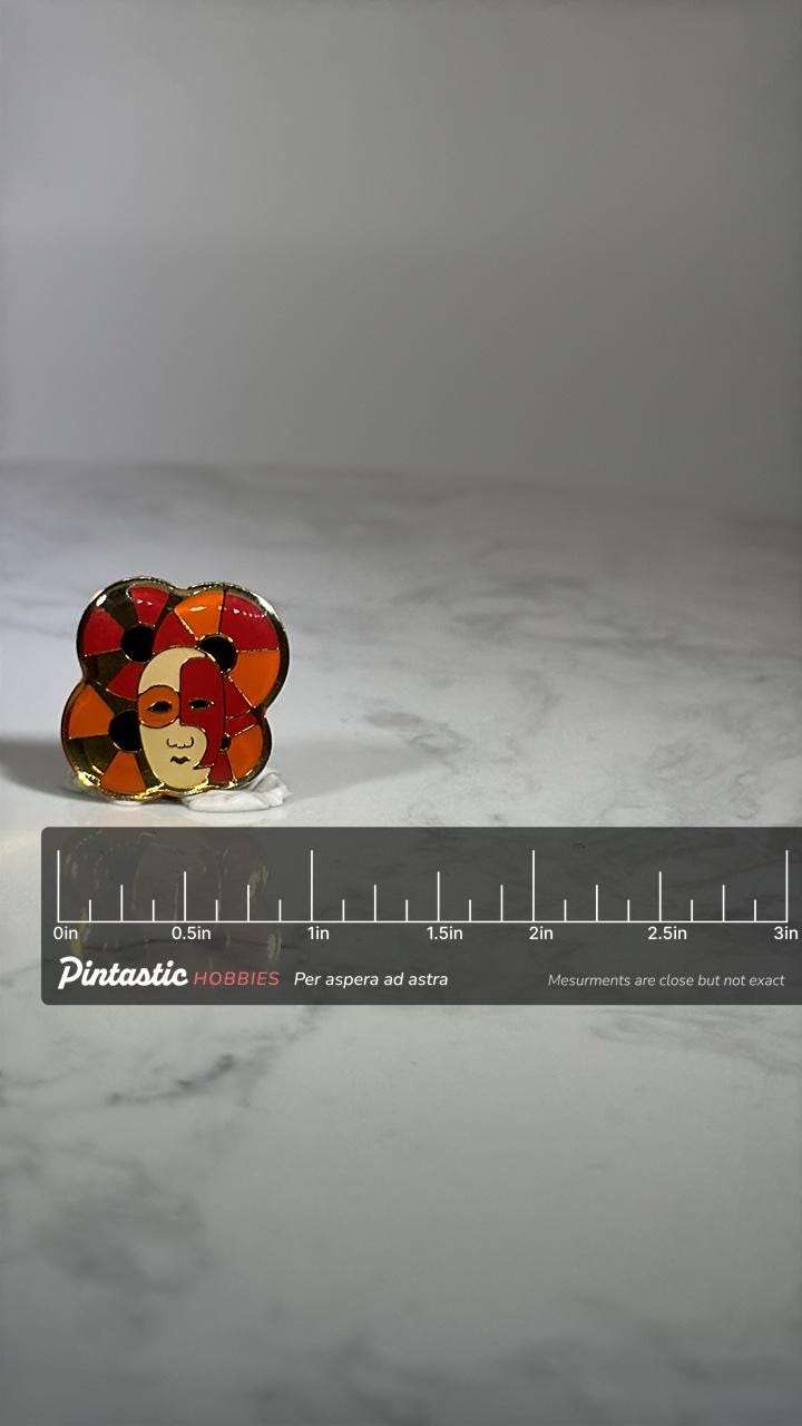 Harlequin Face Enamel Pin: Red & Gold Enamel - Vintage Art Deco Accessory with ruler overlay for size reference