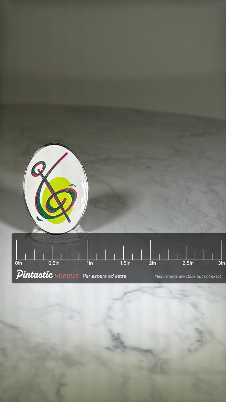 Music Treble Clef Lapel Pin: Neon Colors on White - Retro 90s Accessory with ruler overlay for size reference