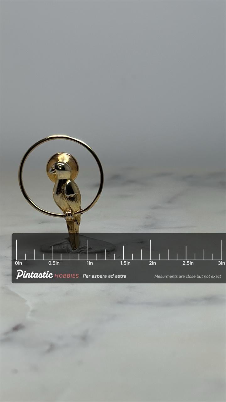 Parrot Bird Lapel Pin: Gold Tone Finish - Mid-Century Modern Accessory with ruler overlay for size reference
