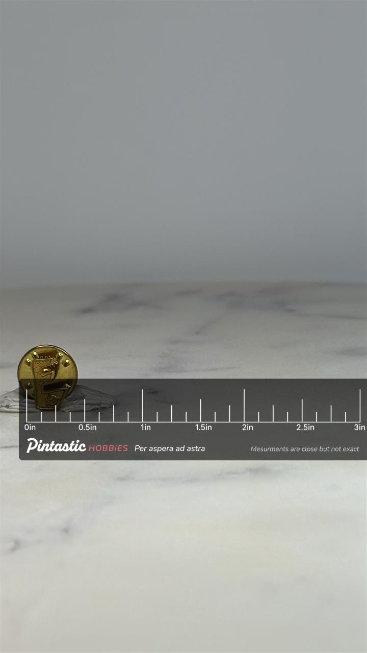 Letter “E” Pin: Gold Tone Finish - Vintage Letter Accessory with ruler overlay for size reference