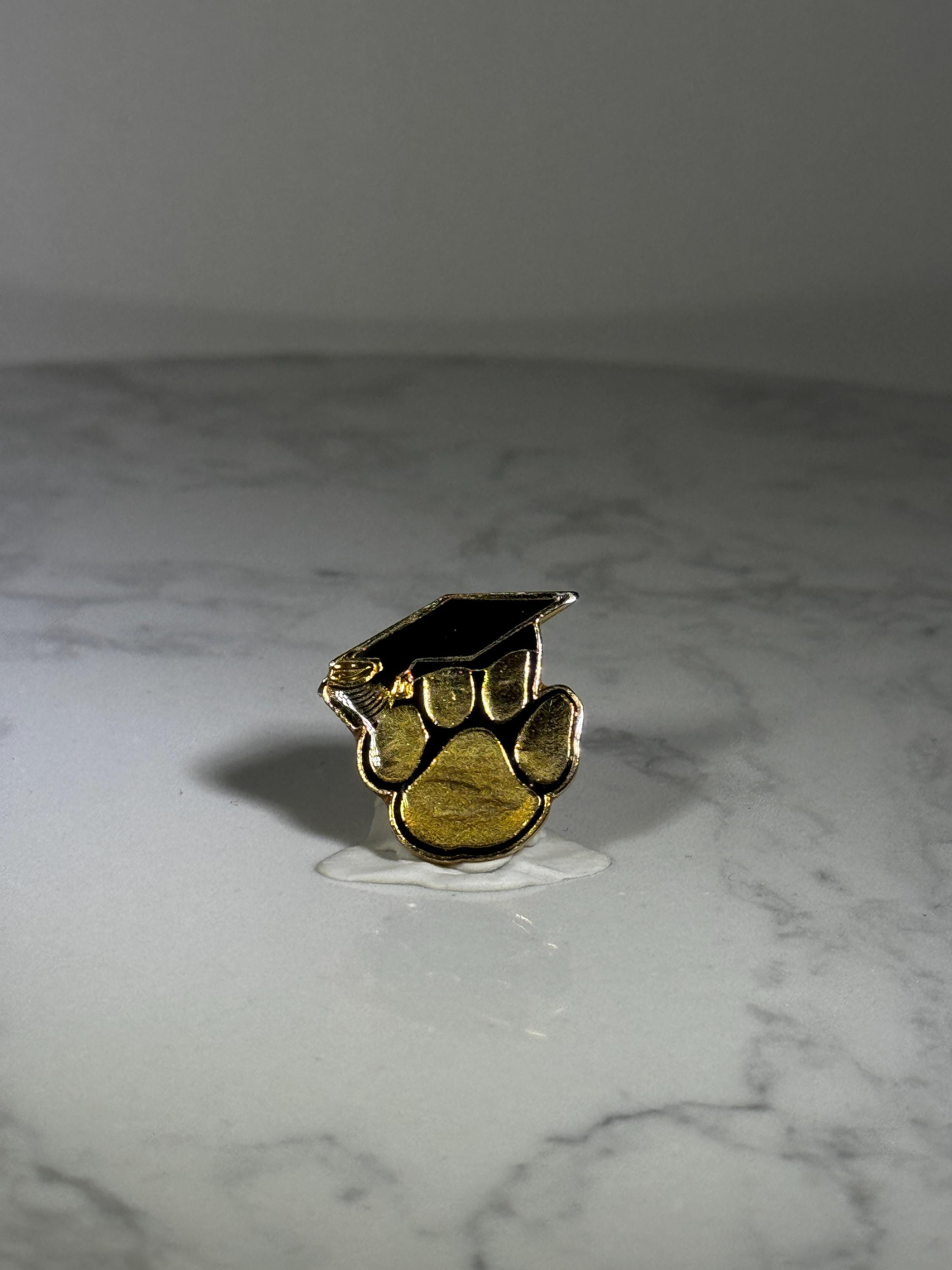 Graduation Paw Print Pin: Gold & Black Enamel - School Spirit Accessory