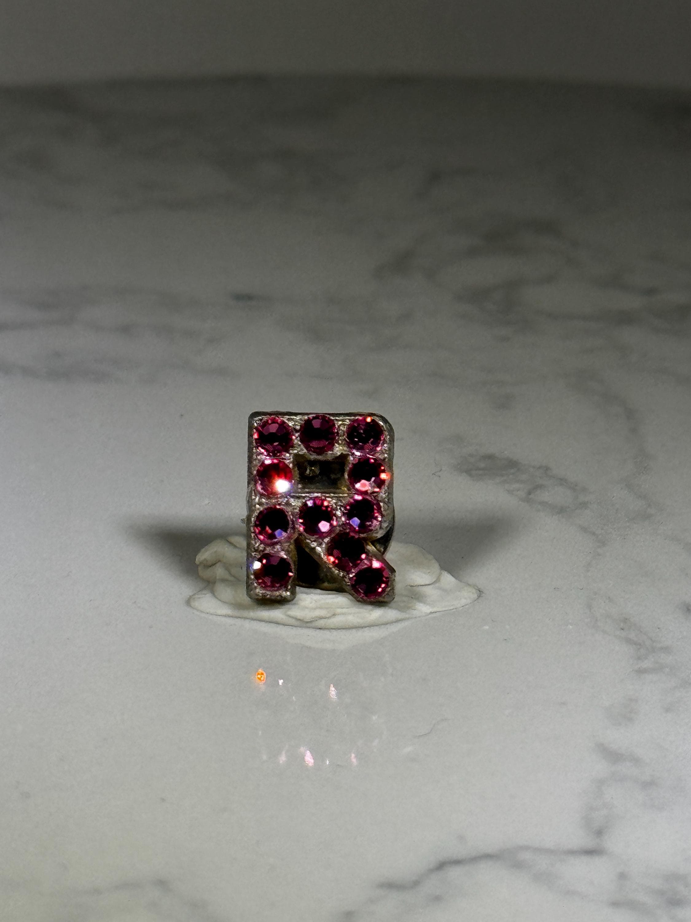 Letter R Initial Pin: Silver with Pink Rhinestones - Vintage Style Accessory